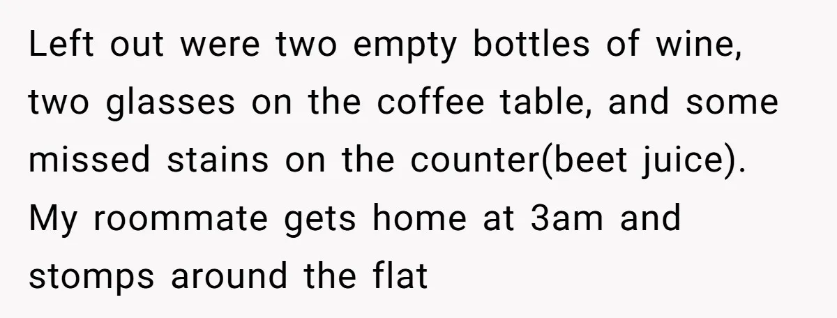 Left out were two empty bottles of wine, two glasses on the coffee table, and some missed stains on the counter(beet juice). My roommate gets home at 3am and stomps...