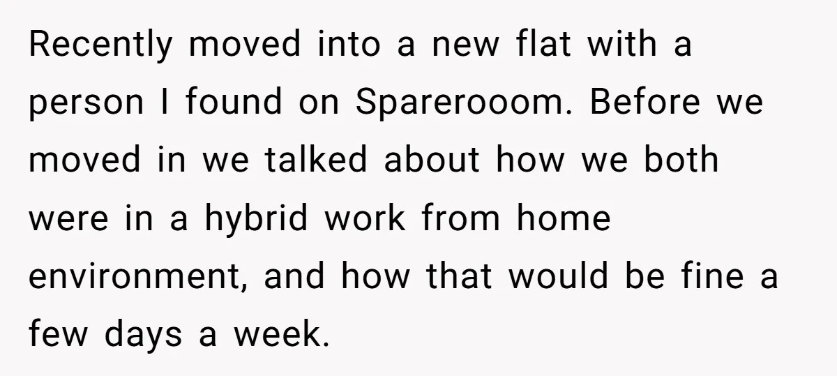 Recently moved into a new flat with a person I found on Sparerooom. Before we moved in we talked about how we both were in a hybrid work from home...