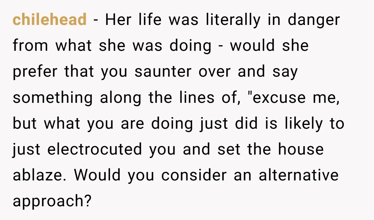 chilehead − Her life was literally in danger from what she was doing - would she prefer that you saunter over and say something along the lines of, "excuse me,...