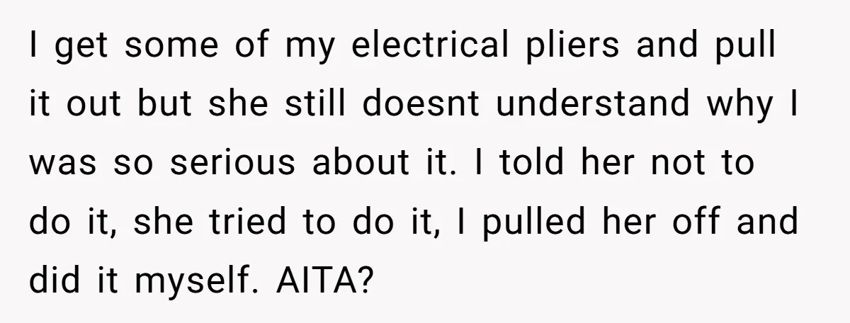 I get some of my electrical pliers and pull it out but she still doesnt understand why I was so serious about it. I told her not to do it,...