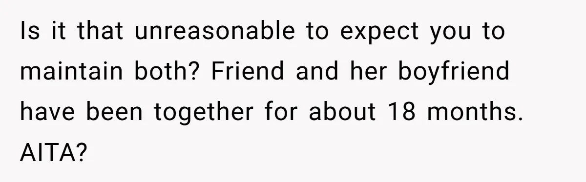 Is it that unreasonable to expect you to maintain both? Friend and her boyfriend have been together for about 18 months. AITA?