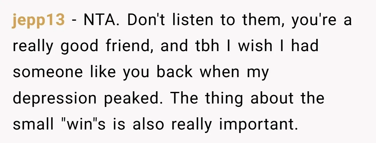 jepp13 − NTA. Don't listen to them, you're a really good friend, and tbh I wish I had someone like you back when my depression peaked. The thing about the...