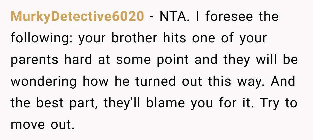 MurkyDetective6020 − NTA. I foresee the following: your brother hits one of your parents hard at some point and they will be wondering how he turned out this way. And...