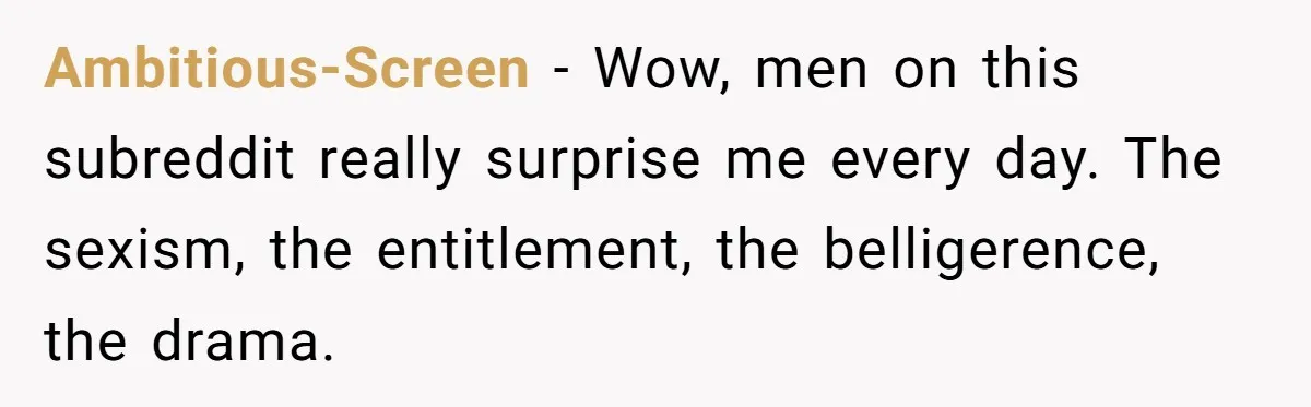 Ambitious-Screen − Wow, men on this subreddit really surprise me every day. The sexism, the entitlement, the belligerence, the drama.