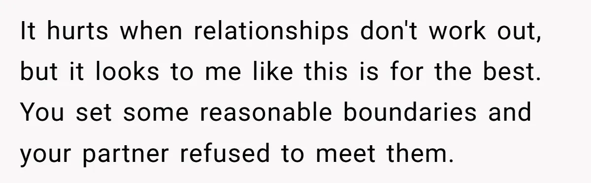 It hurts when relationships don't work out, but it looks to me like this is for the best. You set some reasonable boundaries and your partner refused to meet them.