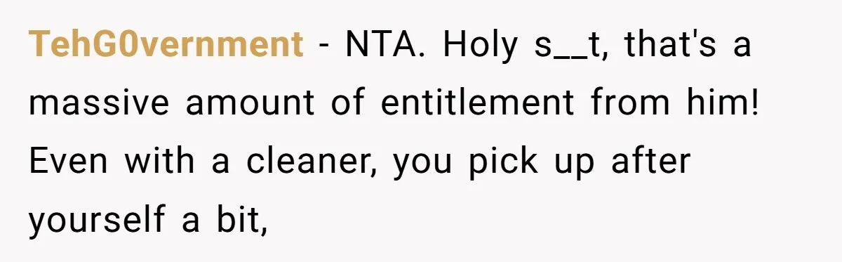 TehG0vernment − NTA. Holy s__t, that's a massive amount of entitlement from him! Even with a cleaner, you pick up after yourself a bit,