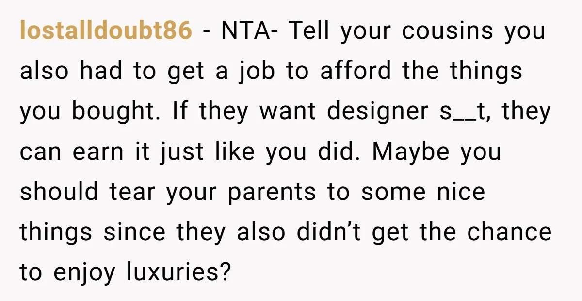 lostalldoubt86 − NTA- Tell your cousins you also had to get a job to afford the things you bought. If they want designer s__t, they can earn it just like...