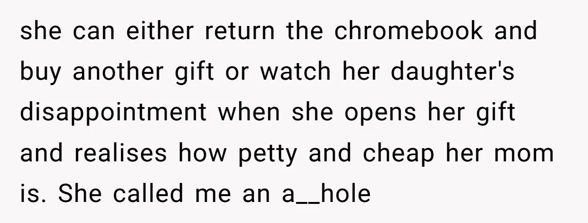 she can either return the chromebook and buy another gift or watch her daughter's disappointment when she opens her gift and realises how petty and cheap her mom is. She...