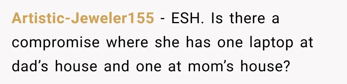 Artistic-Jeweler155 − ESH. Is there a compromise where she has one laptop at dad’s house and one at mom’s house?