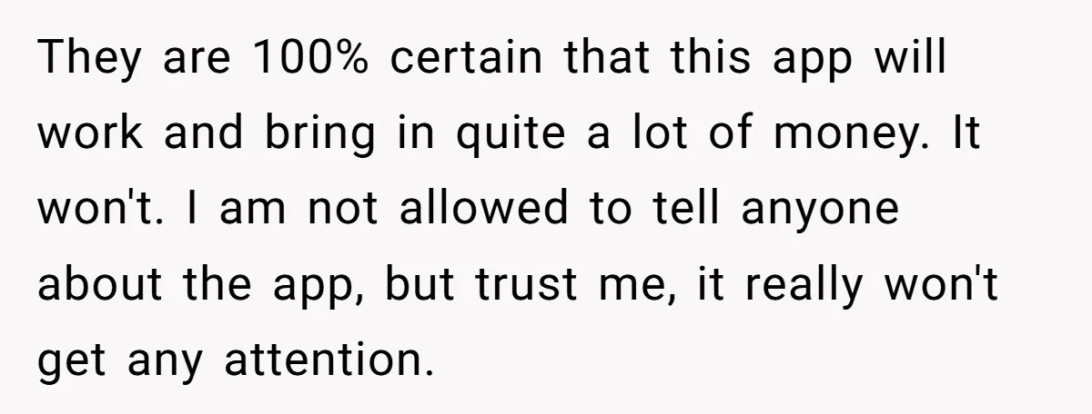 They are 100% certain that this app will work and bring in quite a lot of money. It won't. I am not allowed to tell anyone about the app, but...