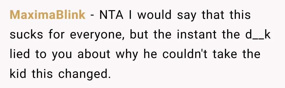 MaximaBlink − NTA I would say that this sucks for everyone, but the instant the d__k lied to you about why he couldn't take the kid this changed.