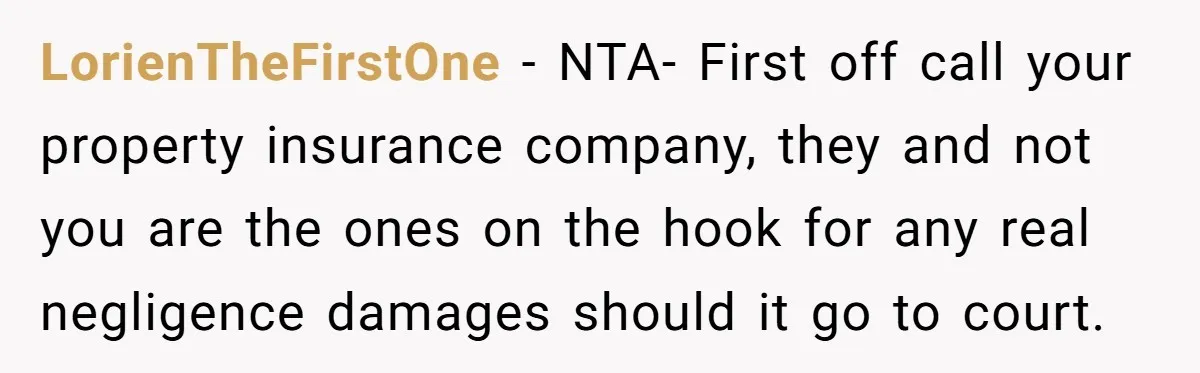 LorienTheFirstOne − NTA- First off call your property insurance company, they and not you are the ones on the hook for any real negligence damages should it go to court.