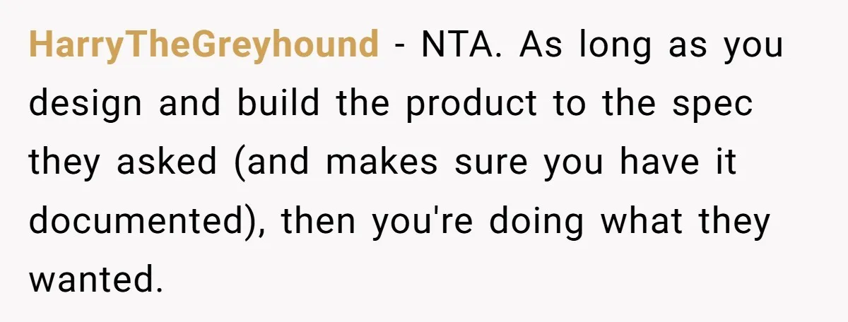 HarryTheGreyhound − NTA. As long as you design and build the product to the spec they asked (and makes sure you have it documented), then you're doing what they wanted.