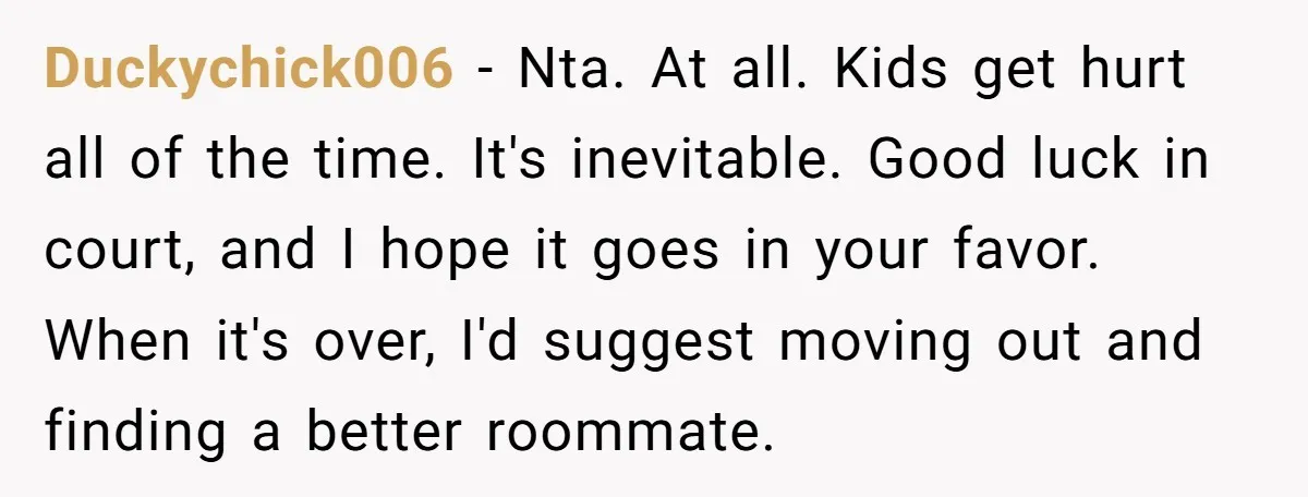 Duckychick006 − Nta. At all. Kids get hurt all of the time. It's inevitable. Good luck in court, and I hope it goes in your favor. When it's over, I'd...
