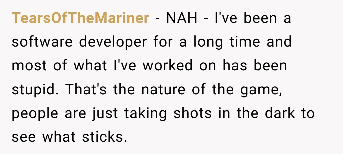 TearsOfTheMariner − NAH - I've been a software developer for a long time and most of what I've worked on has been stupid. That's the nature of the game, people...