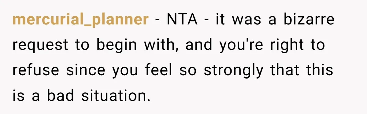 mercurial_planner − NTA - it was a bizarre request to begin with, and you're right to refuse since you feel so strongly that this is a bad situation.