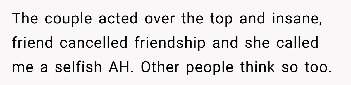 The couple acted over the top and insane, friend cancelled friendship and she called me a selfish AH. Other people think so too.