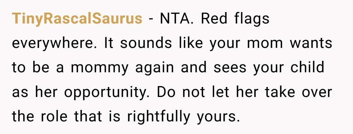 TinyRascalSaurus − NTA. Red flags everywhere. It sounds like your mom wants to be a mommy again and sees your child as her opportunity. Do not let her take over...