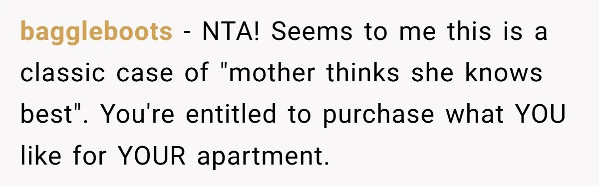 baggleboots − NTA! Seems to me this is a classic case of "mother thinks she knows best". You're entitled to purchase what YOU like for YOUR apartment.