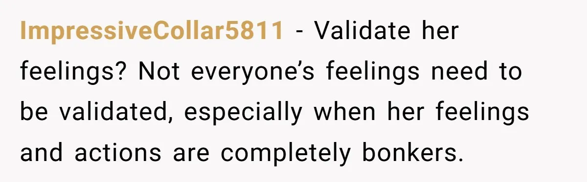 ImpressiveCollar5811 − Validate her feelings? Not everyone’s feelings need to be validated, especially when her feelings and actions are completely bonkers.
