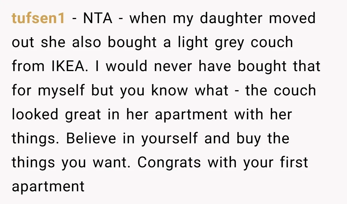 tufsen1 − NTA - when my daughter moved out she also bought a light grey couch from IKEA. I would never have bought that for myself but you know what...