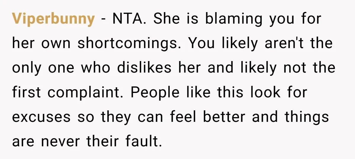 Viperbunny − NTA. She is blaming you for her own shortcomings. You likely aren't the only one who dislikes her and likely not the first complaint. People like this look...