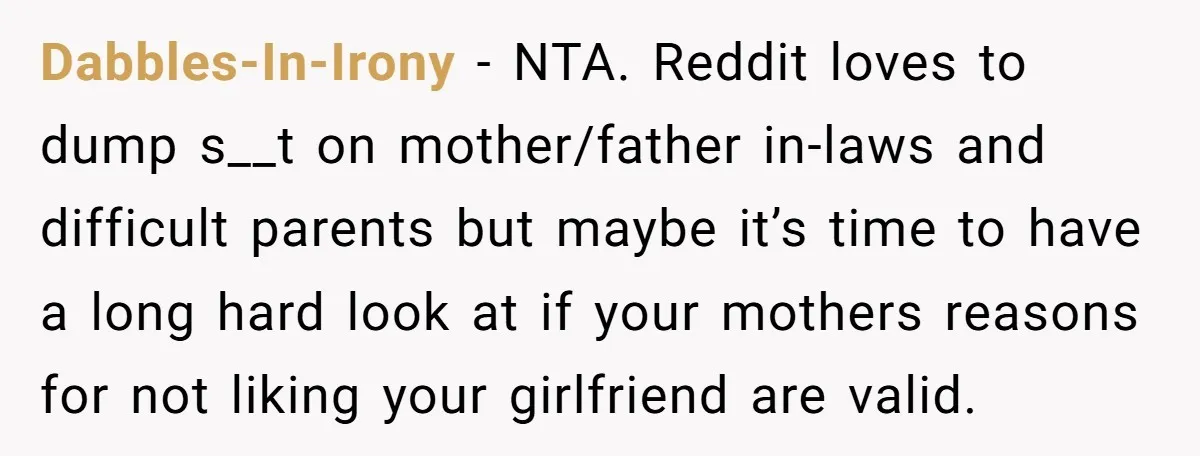 Dabbles-In-Irony − NTA. Reddit loves to dump s__t on mother/father in-laws and difficult parents but maybe it’s time to have a long hard look at if your mothers reasons for...