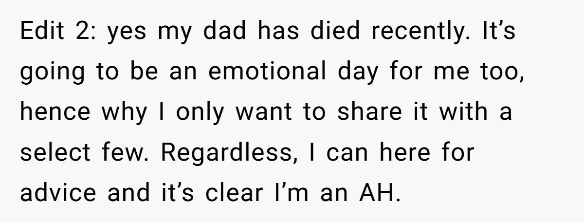 Edit 2: yes my dad has died recently. It’s going to be an emotional day for me too, hence why I only want to share it with a select few....