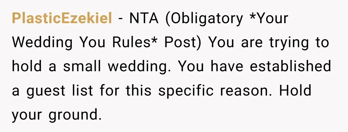 PlasticEzekiel − NTA (Obligatory *Your Wedding You Rules* Post) You are trying to hold a small wedding. You have established a guest list for this specific reason. Hold your ground.