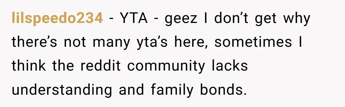 lilspeedo234 − YTA - geez I don’t get why there’s not many yta’s here, sometimes I think the reddit community lacks understanding and family bonds.