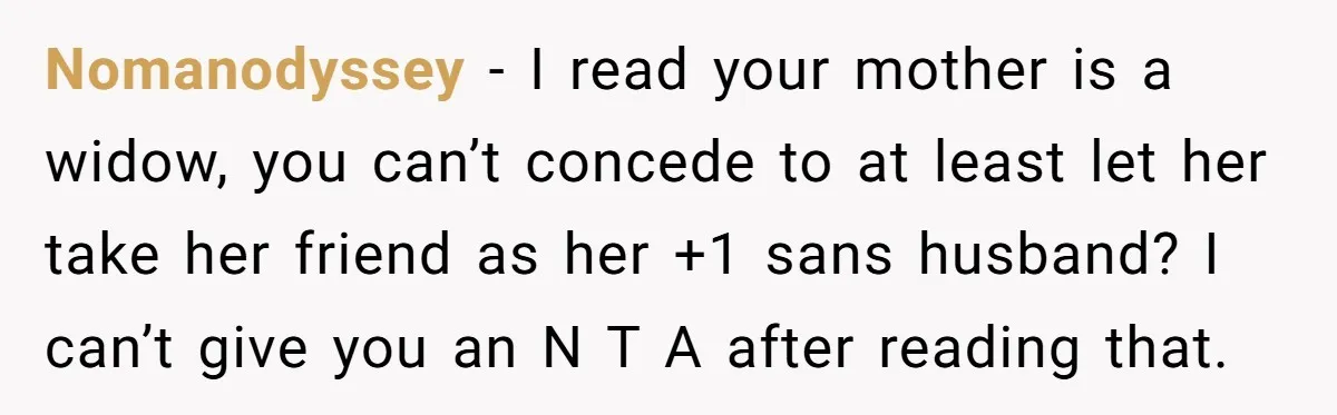 Nomanodyssey − I read your mother is a widow, you can’t concede to at least let her take her friend as her +1 sans husband? I can’t give you an...