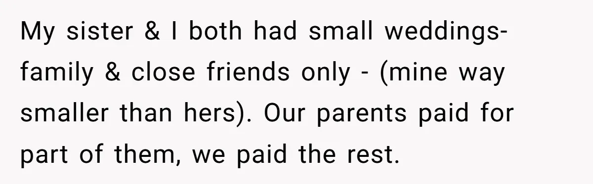My sister & I both had small weddings- family & close friends only - (mine way smaller than hers). Our parents paid for part of them, we paid the rest.