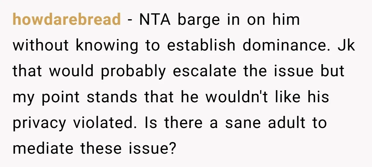 howdarebread − NTA barge in on him without knowing to establish dominance. Jk that would probably escalate the issue but my point stands that he wouldn't like his privacy violated....