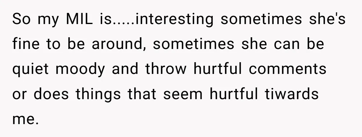So my MIL is.....interesting sometimes she's fine to be around, sometimes she can be quiet moody and throw hurtful comments or does things that seem hurtful tiwards me.