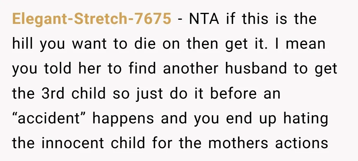 Elegant-Stretch-7675 − NTA if this is the hill you want to die on then get it. I mean you told her to find another husband to get the 3rd child...