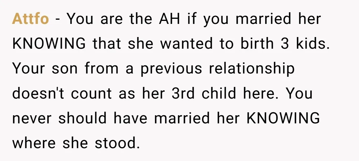Attfo − You are the AH if you married her KNOWING that she wanted to birth 3 kids. Your son from a previous relationship doesn't count as her 3rd child...