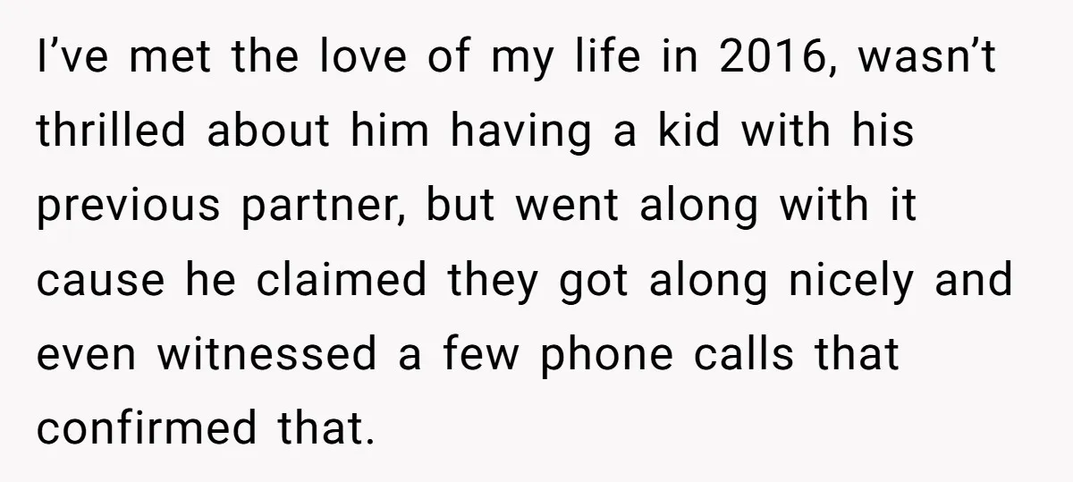 I’ve met the love of my life in 2016, wasn’t thrilled about him having a kid with his previous partner, but went along with it cause he claimed they got...