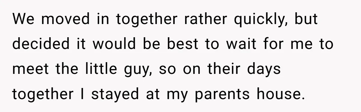 We moved in together rather quickly, but decided it would be best to wait for me to meet the little guy, so on their days together I stayed at my...