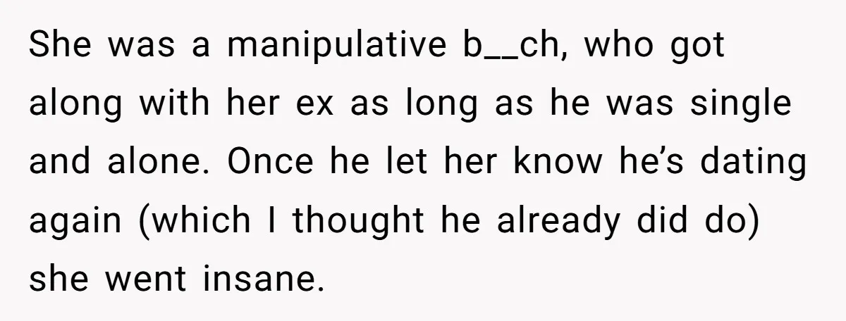 She was a manipulative b__ch, who got along with her ex as long as he was single and alone. Once he let her know he’s dating again (which I thought...