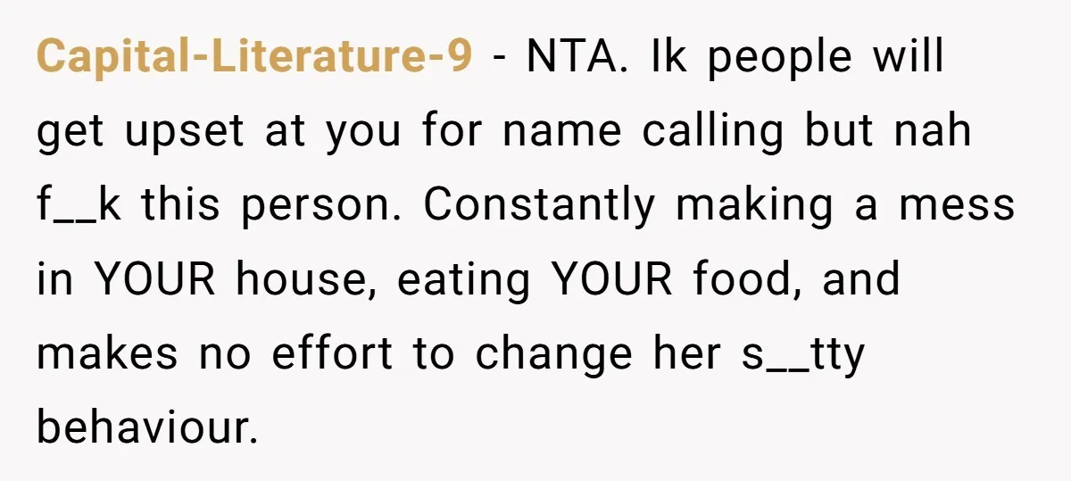 Capital-Literature-9 − NTA. Ik people will get upset at you for name calling but nah f__k this person. Constantly making a mess in YOUR house, eating YOUR food, and makes...