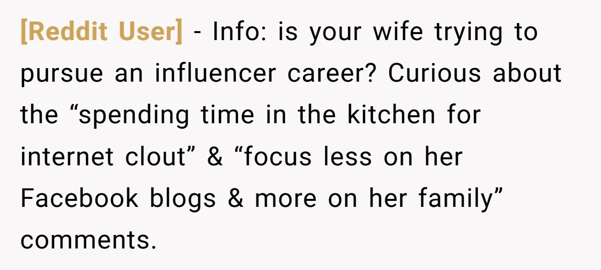 [Reddit User] − Info: is your wife trying to pursue an influencer career? Curious about the “spending time in the kitchen for internet clout” & “focus less on her Facebook...