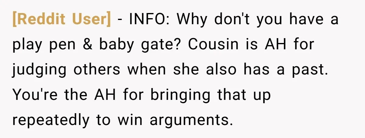 [Reddit User] − INFO: Why don't you have a play pen & baby gate? Cousin is AH for judging others when she also has a past. You're the AH for...