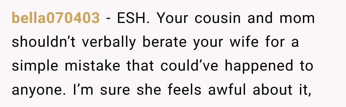 bella070403 − ESH. Your cousin and mom shouldn’t verbally berate your wife for a simple mistake that could’ve happened to anyone. I’m sure she feels awful about it,