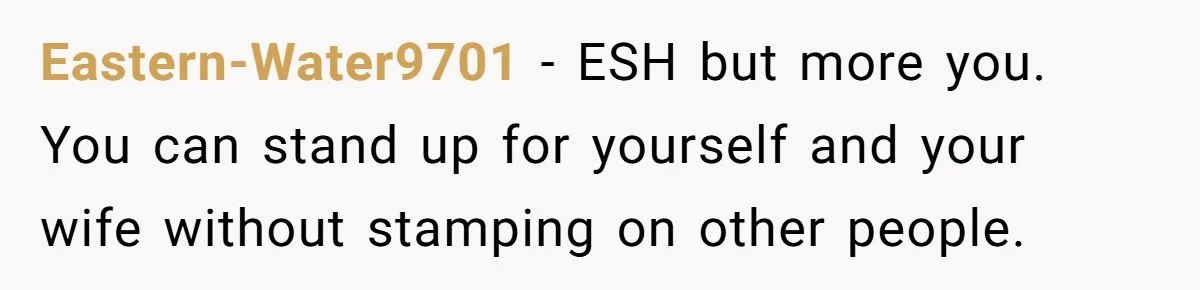 Eastern-Water9701 − ESH but more you. You can stand up for yourself and your wife without stamping on other people.