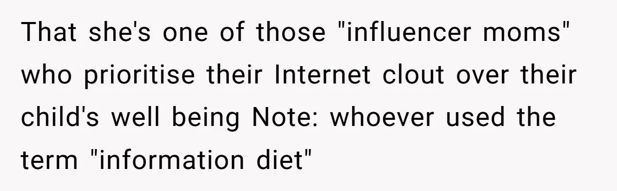 That she's one of those "influencer moms" who prioritise their Internet clout over their child's well being Note: whoever used the term "information diet"