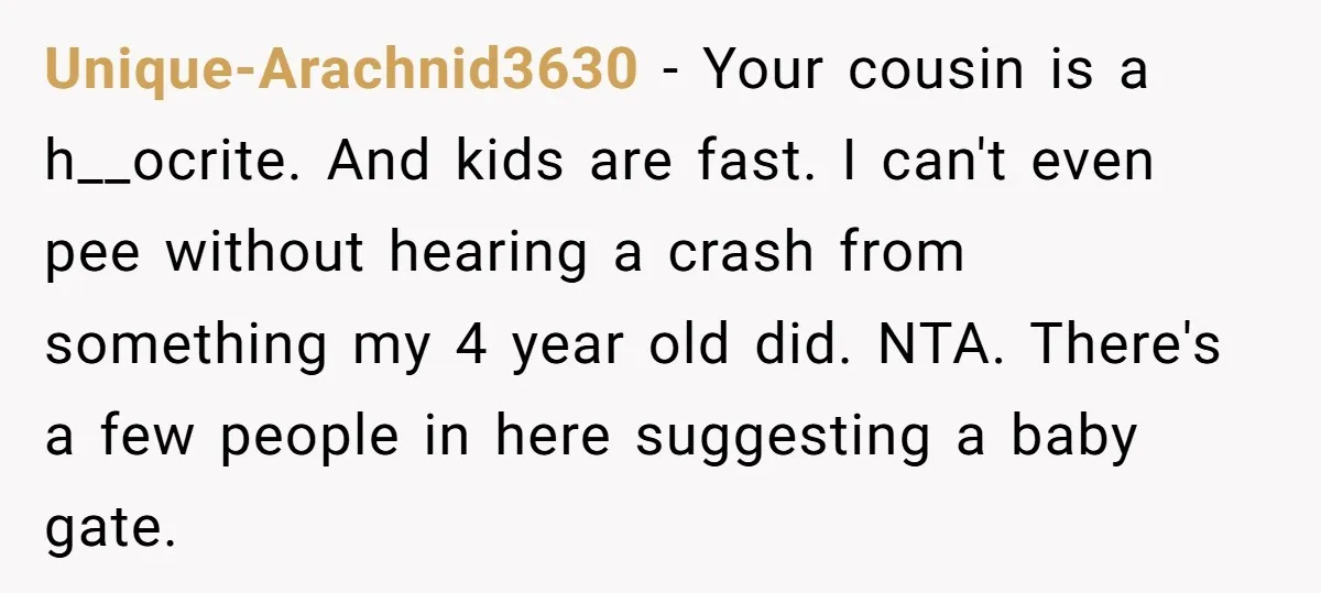 Unique-Arachnid3630 − Your cousin is a h__ocrite. And kids are fast. I can't even pee without hearing a crash from something my 4 year old did. NTA. There's a few...