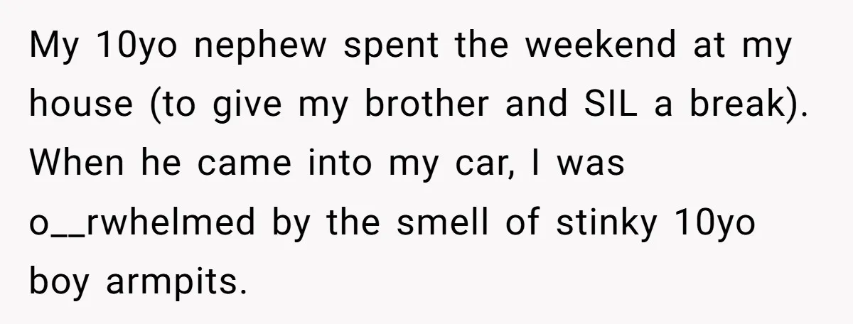 My 10yo nephew spent the weekend at my house (to give my brother and SIL a break). When he came into my car, I was o__rwhelmed by the smell of...