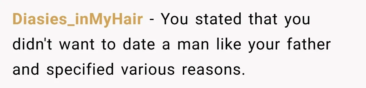 Diasies_inMyHair − You stated that you didn't want to date a man like your father and specified various reasons.