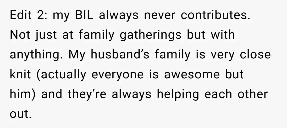 Edit 2: my BIL always never contributes. Not just at family gatherings but with anything. My husband’s family is very close knit (actually everyone is awesome but him) and they’re...
