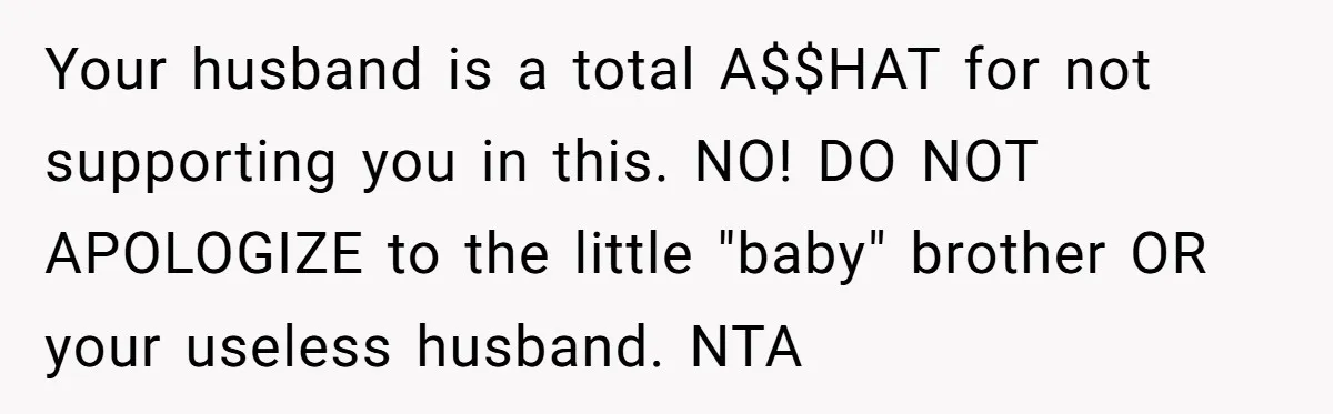 Your husband is a total A$$HAT for not supporting you in this. NO! DO NOT APOLOGIZE to the little "baby" brother OR your useless husband. NTA